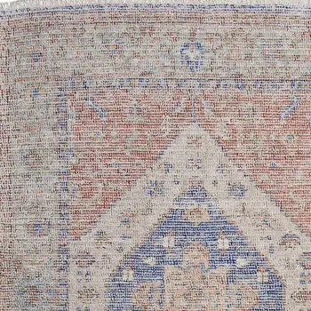 8' X 10' Red Blue and Ivory Abstract Hand Woven Distressed Area Rug With Fringe