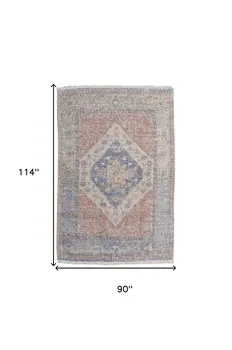 8' X 10' Red Blue and Ivory Abstract Hand Woven Distressed Area Rug With Fringe