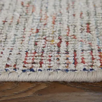 10' X 14' Red Blue and Ivory Abstract Hand Woven Distressed Area Rug With Fringe
