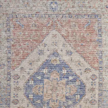 10' X 14' Red Blue and Ivory Abstract Hand Woven Distressed Area Rug With Fringe