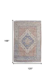 10' X 14' Red Blue and Ivory Abstract Hand Woven Distressed Area Rug With Fringe