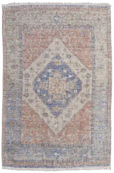 10' X 14' Red Blue and Ivory Abstract Hand Woven Distressed Area Rug With Fringe