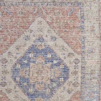 2' X 3' Red Blue and Ivory Abstract Hand Woven Distressed Area Rug With Fringe