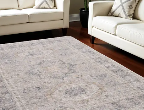 8' X 10' Tan and Gray Oriental Hand Woven Distressed Area Rug With Fringe