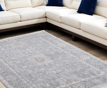 9' X 12' Gray Blue and Taupe Abstract Hand Woven Distressed Area Rug With Fringe