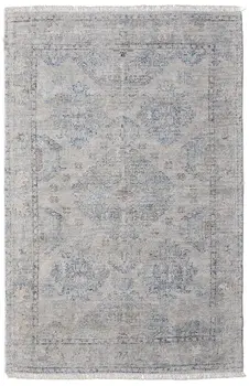 9' X 12' Gray Blue and Taupe Oriental Hand Woven Distressed Area Rug With Fringe