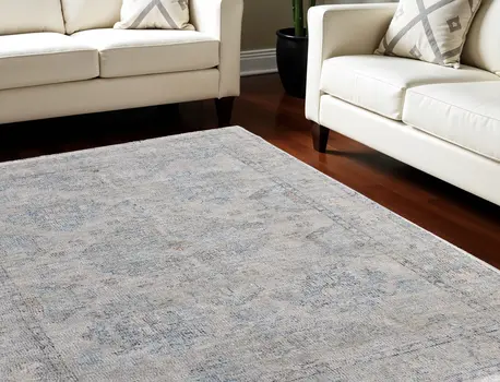 10' X 14' Gray Blue and Taupe Oriental Hand Woven Distressed Area Rug With Fringe