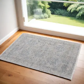 2' X 3' Gray Blue and Taupe Oriental Hand Woven Distressed Area Rug With Fringe