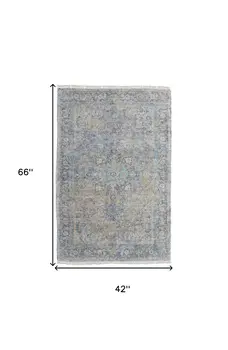 4' X 6' Gray Blue and Tan Abstract Hand Woven Distressed Area Rug With Fringe
