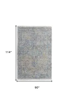 8' X 10' Gray Blue and Tan Abstract Hand Woven Distressed Area Rug With Fringe