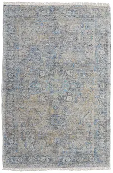 10' X 14' Gray Blue and Tan Abstract Hand Woven Distressed Area Rug With Fringe