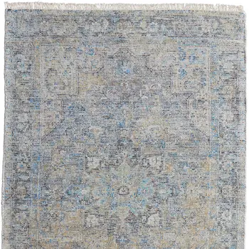 2' X 3' Gray Blue and Tan Abstract Hand Woven Distressed Area Rug With Fringe