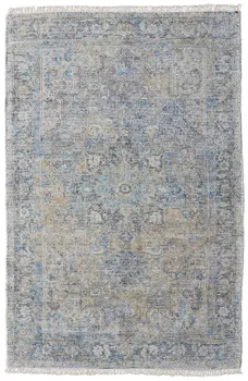 2' X 3' Gray Blue and Tan Abstract Hand Woven Distressed Area Rug With Fringe