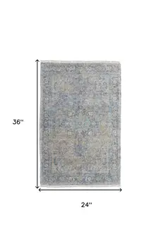 2' X 3' Gray Blue and Tan Abstract Hand Woven Distressed Area Rug With Fringe