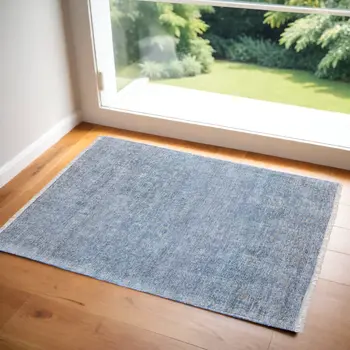 2' X 3' Blue and Gray Abstract Hand Woven Distressed Area Rug With Fringe
