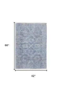4' X 6' Blue and Ivory Abstract Hand Woven Distressed Area Rug With Fringe