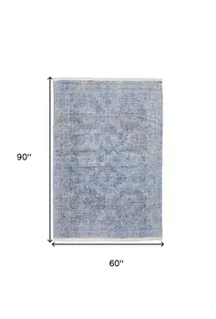 5' X 8' Blue and Ivory Abstract Hand Woven Distressed Area Rug With Fringe