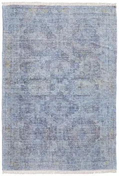 5' X 8' Blue and Ivory Abstract Hand Woven Distressed Area Rug With Fringe