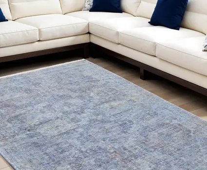 8' X 10' Blue and Ivory Abstract Hand Woven Distressed Area Rug With Fringe