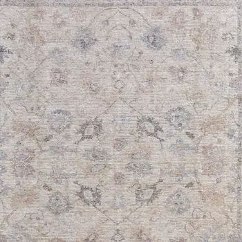 4' X 6' Ivory Tan and Blue Floral Hand Woven Distressed Area Rug With Fringe