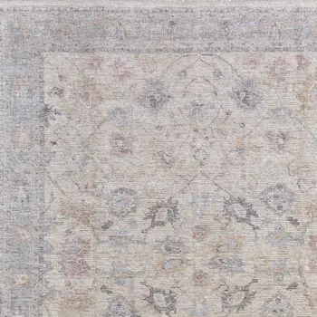 8' X 10' Ivory Tan and Blue Floral Hand Woven Distressed Area Rug With Fringe