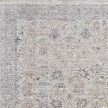 9' X 12' Ivory Tan and Blue Floral Hand Woven Distressed Area Rug With Fringe