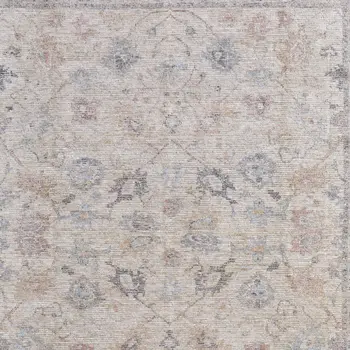 2' X 3' Ivory Tan and Blue Floral Hand Woven Distressed Area Rug With Fringe