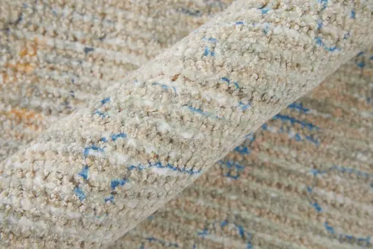 8' X 10' Tan Brown and Blue Floral Hand Woven Distressed Area Rug With Fringe