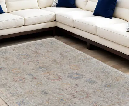 8' X 10' Tan Brown and Blue Floral Hand Woven Distressed Area Rug With Fringe