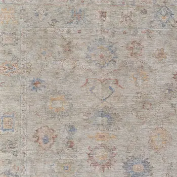 10' X 14' Tan Brown and Blue Floral Hand Woven Distressed Area Rug With Fringe