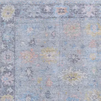 9' X 12' Orange Blue and Gold Floral Hand Woven Distressed Area Rug With Fringe