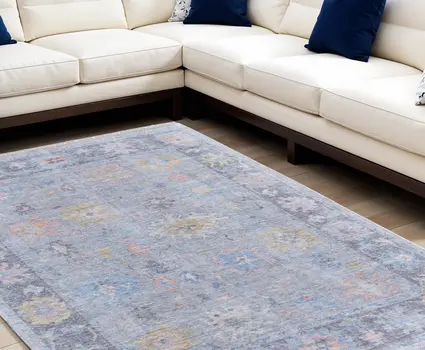 10' X 14' Orange Blue and Gold Floral Hand Woven Distressed Area Rug With Fringe