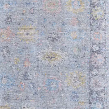 2' X 3' Orange Blue and Gold Floral Hand Woven Distressed Area Rug With Fringe