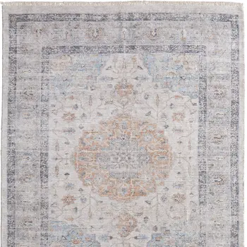 4' X 6' Ivory Blue and Orange Oriental Hand Woven Distressed Area Rug With Fringe