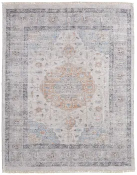 4' X 6' Ivory Blue and Orange Oriental Hand Woven Distressed Area Rug With Fringe