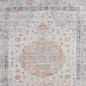 8' X 10' Ivory Blue and Orange Oriental Hand Woven Distressed Area Rug With Fringe