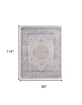 8' X 10' Ivory Blue and Orange Oriental Hand Woven Distressed Area Rug With Fringe