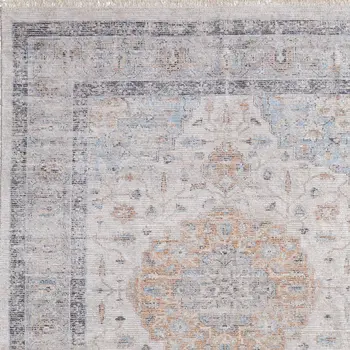 10' X 14' Ivory Blue and Orange Oriental Hand Woven Distressed Area Rug With Fringe