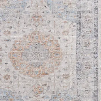 2' X 3' Ivory Blue and Orange Oriental Hand Woven Distressed Area Rug With Fringe