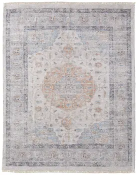 2' X 3' Ivory Blue and Orange Oriental Hand Woven Distressed Area Rug With Fringe