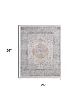 2' X 3' Ivory Blue and Orange Oriental Hand Woven Distressed Area Rug With Fringe