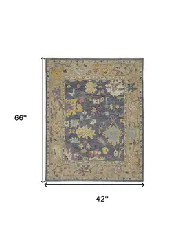 4' X 6' Gold Blue and Purple Wool Oriental Hand Knotted Area Rug With Fringe