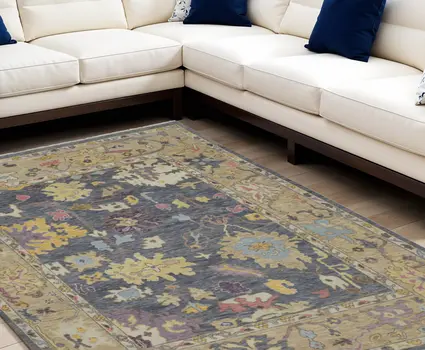 6' X 9' Gold Blue and Purple Wool Oriental Hand Knotted Area Rug With Fringe