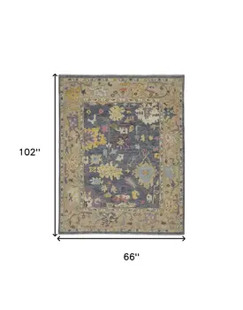 6' X 9' Gold Blue and Purple Wool Oriental Hand Knotted Area Rug With Fringe