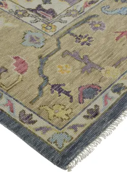 8' X 10' Gold Blue and Purple Wool Oriental Hand Knotted Area Rug With Fringe