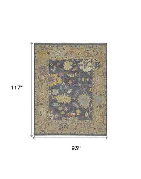 8' X 10' Gold Blue and Purple Wool Oriental Hand Knotted Area Rug With Fringe