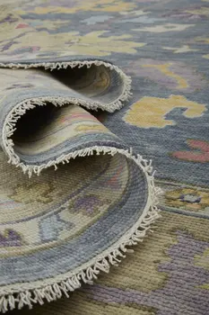 8' X 12' Gold Blue and Purple Wool Oriental Hand Knotted Area Rug With Fringe
