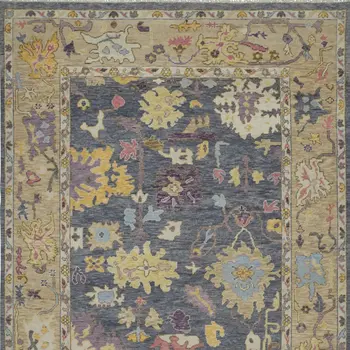 8' X 12' Gold Blue and Purple Wool Oriental Hand Knotted Area Rug With Fringe