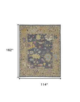 9' X 13' Gold Blue and Purple Wool Oriental Hand Knotted Area Rug With Fringe