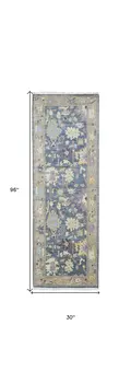8' Gold Blue and Purple Wool Oriental Hand Knotted Runner Rug With Fringe